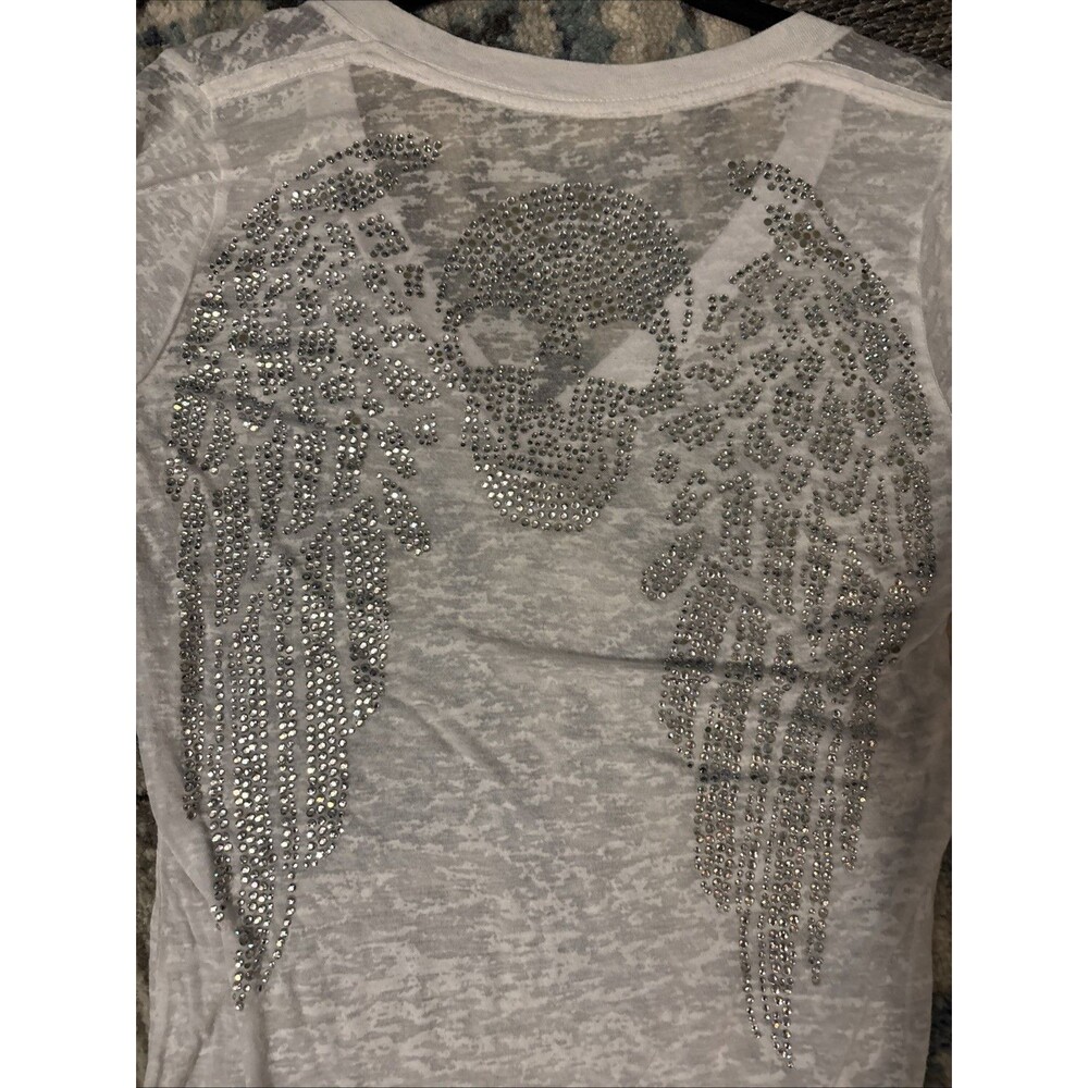 Sinful White Tea W/rhinestone Skull And Wings On Back Sz-S